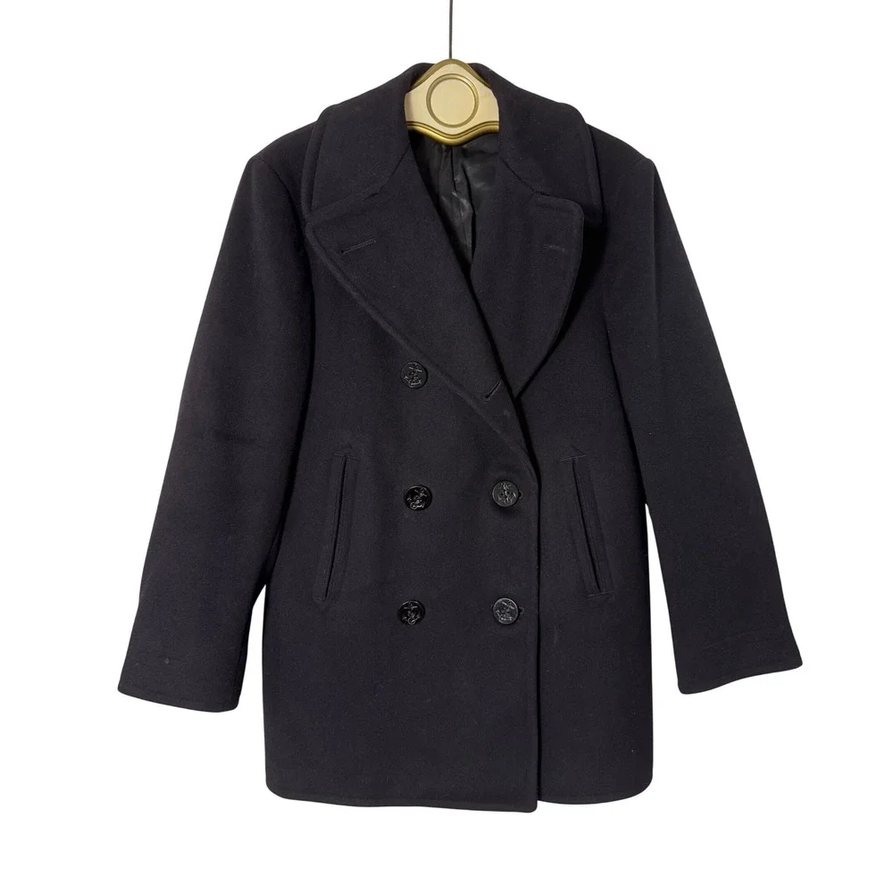 U.S. Navy Pea Coat Mens 36 Navy Blue Good Vintage 100% Wool Double Breasted 1979